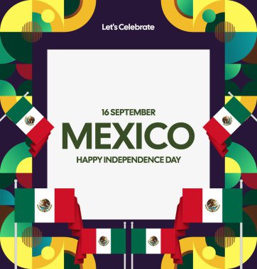Meksika Bağımsızlık Günü Meydanı geçmişi. Bayrağı ve renkli geometrisiyle ulusal bayrak günü posteri. Sosyal medya, kapak, kampanya ve tebrik kartları için iyidir..