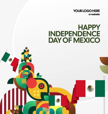 Meksika Bağımsızlık Günü Meydanı geçmişi. Bayrağı ve renkli geometrisiyle ulusal bayrak günü posteri. Sosyal medya, kapak, kampanya ve tebrik kartları için iyidir..