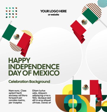 Meksika Bağımsızlık Günü Meydanı geçmişi. Bayrağı ve renkli geometrisiyle ulusal bayrak günü posteri. Sosyal medya, kapak, kampanya ve tebrik kartları için iyidir..