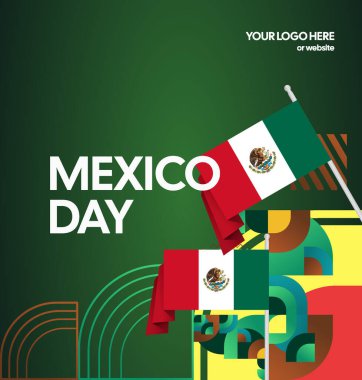 Meksika Bağımsızlık Günü Meydanı geçmişi. Bayrağı ve renkli geometrisiyle ulusal bayrak günü posteri. Sosyal medya, kapak, kampanya ve tebrik kartları için iyidir..