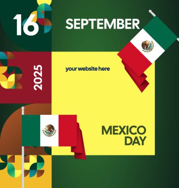 Meksika Bağımsızlık Günü Meydanı geçmişi. Bayrağı ve renkli geometrisiyle ulusal bayrak günü posteri. Sosyal medya, kapak, kampanya ve tebrik kartları için iyidir..
