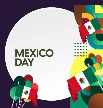 Meksika Bağımsızlık Günü Meydanı geçmişi. Bayrağı ve renkli geometrisiyle ulusal bayrak günü posteri. Sosyal medya, kapak, kampanya ve tebrik kartları için iyidir..