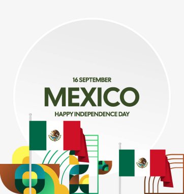 Meksika Bağımsızlık Günü Meydanı geçmişi. Bayrağı ve renkli geometrisiyle ulusal bayrak günü posteri. Sosyal medya, kapak, kampanya ve tebrik kartları için iyidir..
