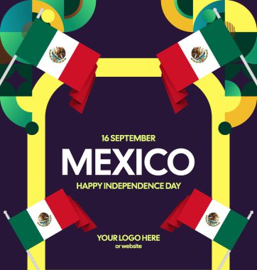 Meksika Bağımsızlık Günü Meydanı geçmişi. Bayrağı ve renkli geometrisiyle ulusal bayrak günü posteri. Sosyal medya, kapak, kampanya ve tebrik kartları için iyidir..