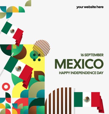 Meksika Bağımsızlık Günü Meydanı geçmişi. Bayrağı ve renkli geometrisiyle ulusal bayrak günü posteri. Sosyal medya, kapak, kampanya ve tebrik kartları için iyidir..