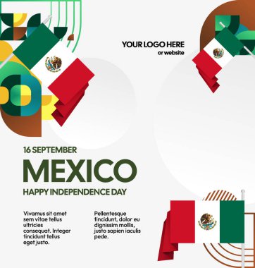 Meksika Bağımsızlık Günü Meydanı geçmişi. Bayrağı ve renkli geometrisiyle ulusal bayrak günü posteri. Sosyal medya, kapak, kampanya ve tebrik kartları için iyidir..