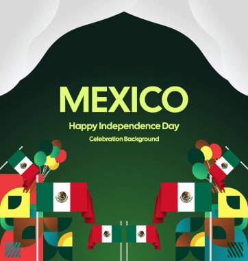 Meksika Bağımsızlık Günü Meydanı geçmişi. Bayrağı ve renkli geometrisiyle ulusal bayrak günü posteri. Sosyal medya, kapak, kampanya ve tebrik kartları için iyidir..