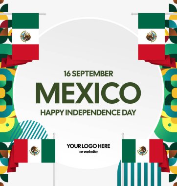 Meksika Bağımsızlık Günü Meydanı geçmişi. Bayrağı ve renkli geometrisiyle ulusal bayrak günü posteri. Sosyal medya, kapak, kampanya ve tebrik kartları için iyidir..