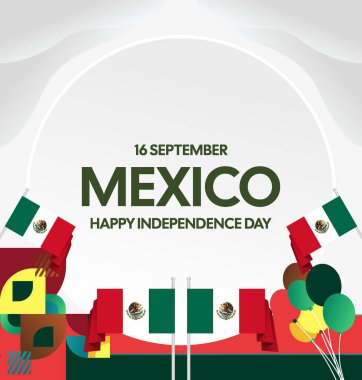 Meksika Bağımsızlık Günü Meydanı geçmişi. Bayrağı ve renkli geometrisiyle ulusal bayrak günü posteri. Sosyal medya, kapak, kampanya ve tebrik kartları için iyidir..