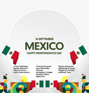 Meksika Bağımsızlık Günü Meydanı geçmişi. Bayrağı ve renkli geometrisiyle ulusal bayrak günü posteri. Sosyal medya, kapak, kampanya ve tebrik kartları için iyidir..
