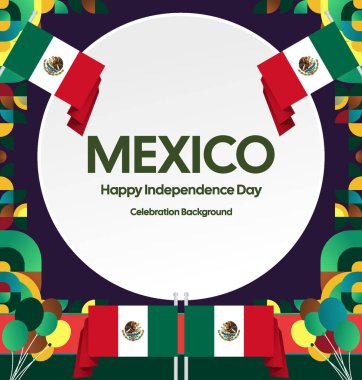 Meksika Bağımsızlık Günü Meydanı geçmişi. Bayrağı ve renkli geometrisiyle ulusal bayrak günü posteri. Sosyal medya, kapak, kampanya ve tebrik kartları için iyidir..