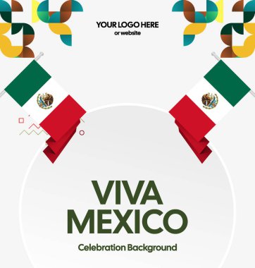 Meksika Bağımsızlık Günü Meydanı geçmişi. Bayrağı ve renkli geometrisiyle ulusal bayrak günü posteri. Sosyal medya, kapak, kampanya ve tebrik kartları için iyidir..