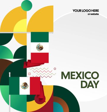 Meksika Bağımsızlık Günü Meydanı geçmişi. Bayrağı ve renkli geometrisiyle ulusal bayrak günü posteri. Sosyal medya, kapak, kampanya ve tebrik kartları için iyidir..