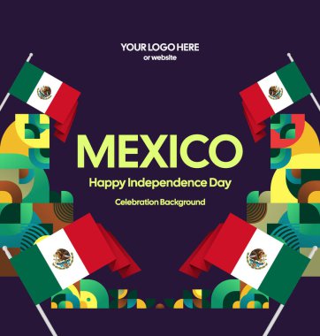 Meksika Bağımsızlık Günü Meydanı geçmişi. Bayrağı ve renkli geometrisiyle ulusal bayrak günü posteri. Sosyal medya, kapak, kampanya ve tebrik kartları için iyidir..