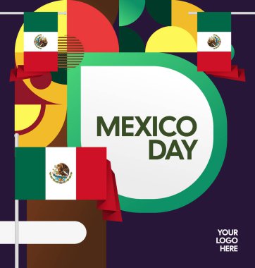 Modern geometrik ve bayrak ile Meksika Bağımsızlık Gününüz kutlu olsun. Ulusal bayram, tebrik kartı, afiş, poster ve sosyal medya paylaşımı için mükemmel..