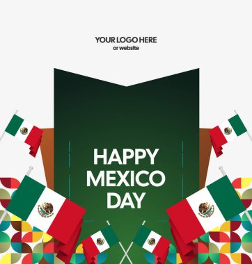 Modern geometrik ve bayrak ile Meksika Bağımsızlık Gününüz kutlu olsun. Ulusal bayram, tebrik kartı, afiş, poster ve sosyal medya paylaşımı için mükemmel..