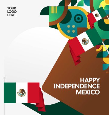 Modern geometrik ve bayrak ile Meksika Bağımsızlık Gününüz kutlu olsun. Ulusal bayram, tebrik kartı, afiş, poster ve sosyal medya paylaşımı için mükemmel..