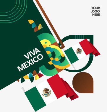 Modern geometrik ve bayrak ile Meksika Bağımsızlık Gününüz kutlu olsun. Ulusal bayram, tebrik kartı, afiş, poster ve sosyal medya paylaşımı için mükemmel..