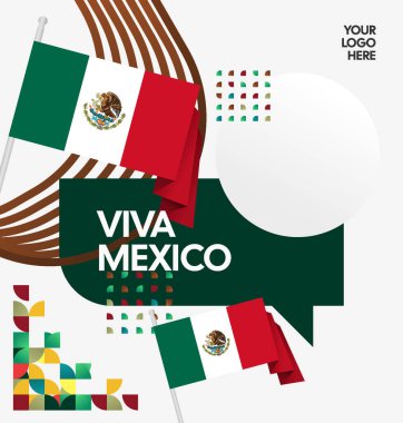 Modern geometrik ve bayrak ile Meksika Bağımsızlık Gününüz kutlu olsun. Ulusal bayram, tebrik kartı, afiş, poster ve sosyal medya paylaşımı için mükemmel..