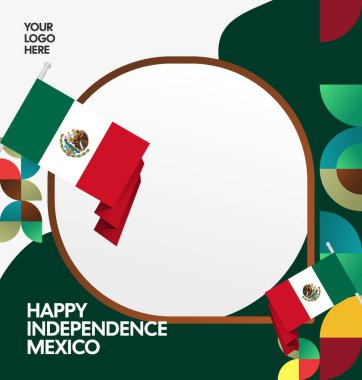 Modern geometrik ve bayrak ile Meksika Bağımsızlık Gününüz kutlu olsun. Ulusal bayram, tebrik kartı, afiş, poster ve sosyal medya paylaşımı için mükemmel..