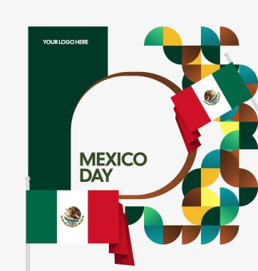 Modern geometrik ve bayrak ile Meksika Bağımsızlık Gününüz kutlu olsun. Ulusal bayram, tebrik kartı, afiş, poster ve sosyal medya paylaşımı için mükemmel..