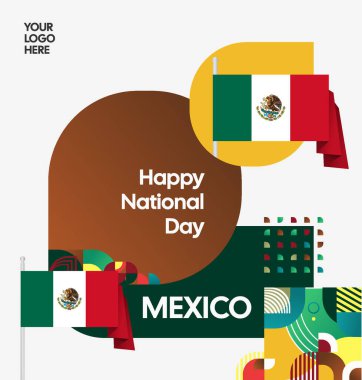Modern geometrik ve bayrak ile Meksika Bağımsızlık Gününüz kutlu olsun. Ulusal bayram, tebrik kartı, afiş, poster ve sosyal medya paylaşımı için mükemmel..