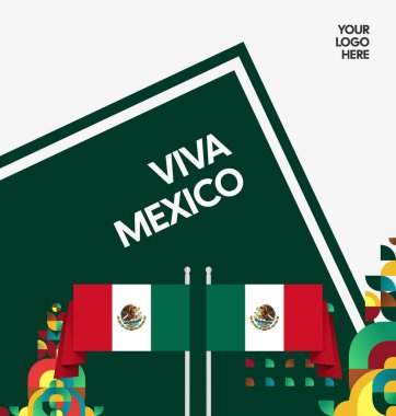 Modern geometrik ve bayrak ile Meksika Bağımsızlık Gününüz kutlu olsun. Ulusal bayram, tebrik kartı, afiş, poster ve sosyal medya paylaşımı için mükemmel..