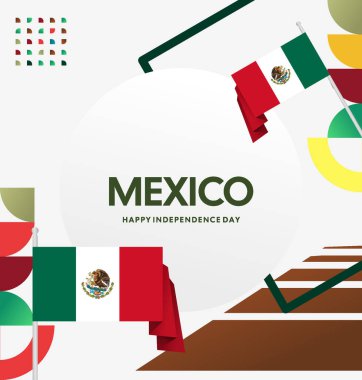 Modern geometrik ve bayrak ile Meksika Bağımsızlık Gününüz kutlu olsun. Ulusal bayram, tebrik kartı, afiş, poster ve sosyal medya paylaşımı için mükemmel..