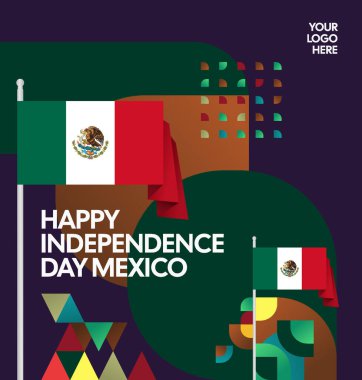 Modern geometrik ve bayrak ile Meksika Bağımsızlık Gününüz kutlu olsun. Ulusal bayram, tebrik kartı, afiş, poster ve sosyal medya paylaşımı için mükemmel..