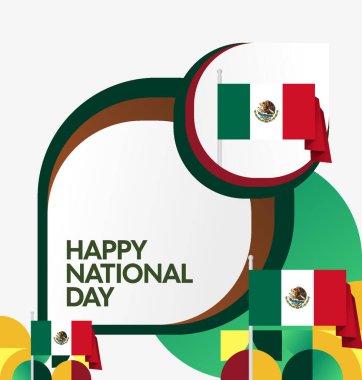 Modern geometrik ve bayrak ile Meksika Bağımsızlık Gününüz kutlu olsun. Ulusal bayram, tebrik kartı, afiş, poster ve sosyal medya paylaşımı için mükemmel..