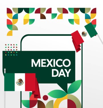 Modern geometrik ve bayrak ile Meksika Bağımsızlık Gününüz kutlu olsun. Ulusal bayram, tebrik kartı, afiş, poster ve sosyal medya paylaşımı için mükemmel..