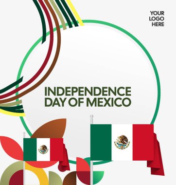 Modern geometrik ve bayrak ile Meksika Bağımsızlık Gününüz kutlu olsun. Ulusal bayram, tebrik kartı, afiş, poster ve sosyal medya paylaşımı için mükemmel..