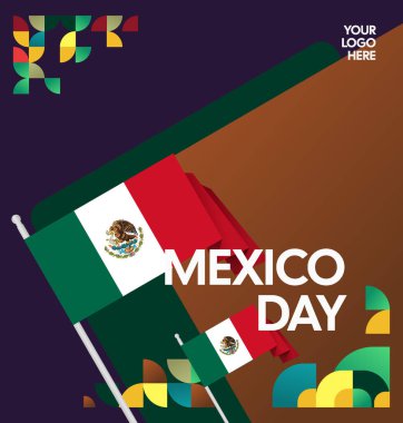 Modern geometrik ve bayrak ile Meksika Bağımsızlık Gününüz kutlu olsun. Ulusal bayram, tebrik kartı, afiş, poster ve sosyal medya paylaşımı için mükemmel..