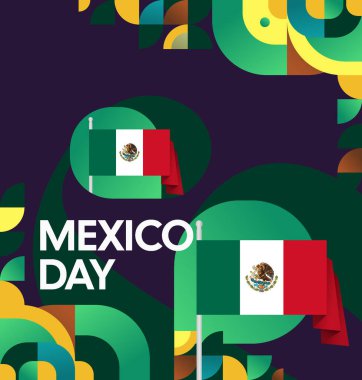 Modern geometrik ve bayrak ile Meksika Bağımsızlık Gününüz kutlu olsun. Ulusal bayram, tebrik kartı, afiş, poster ve sosyal medya paylaşımı için mükemmel..