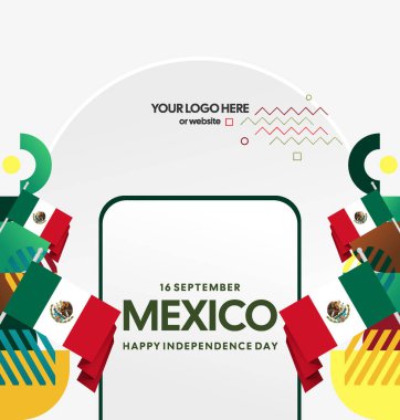 Modern geometrik ve bayrak ile Meksika Bağımsızlık Gününüz kutlu olsun. Ulusal bayram, tebrik kartı, afiş, poster ve sosyal medya paylaşımı için mükemmel..
