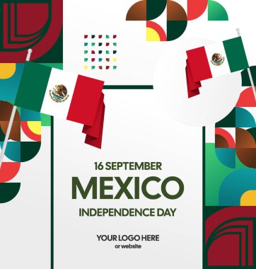 Modern geometrik ve bayrak ile Meksika Bağımsızlık Gününüz kutlu olsun. Ulusal bayram, tebrik kartı, afiş, poster ve sosyal medya paylaşımı için mükemmel..