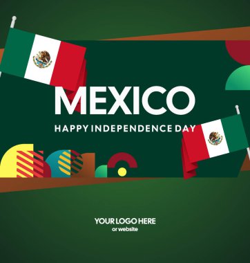 Modern geometrik ve bayrak ile Meksika Bağımsızlık Gününüz kutlu olsun. Ulusal bayram, tebrik kartı, afiş, poster ve sosyal medya paylaşımı için mükemmel..