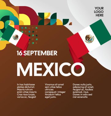 Modern geometrik ve bayrak ile Meksika Bağımsızlık Gününüz kutlu olsun. Ulusal bayram, tebrik kartı, afiş, poster ve sosyal medya paylaşımı için mükemmel..