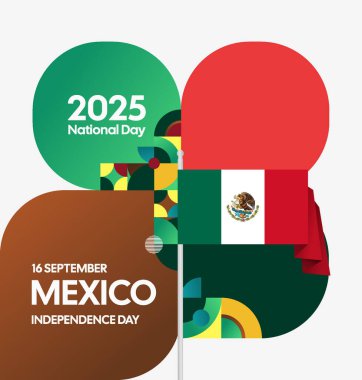 Modern geometrik ve bayrak ile Meksika Bağımsızlık Gününüz kutlu olsun. Ulusal bayram, tebrik kartı, afiş, poster ve sosyal medya paylaşımı için mükemmel..