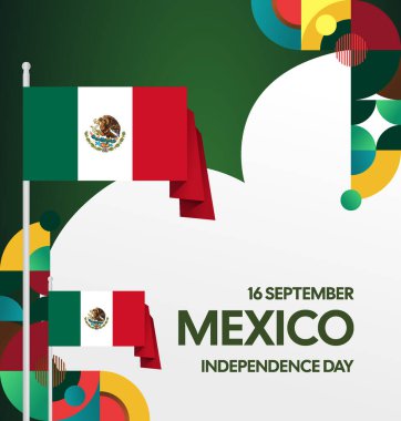 Modern geometrik ve bayrak ile Meksika Bağımsızlık Gününüz kutlu olsun. Ulusal bayram, tebrik kartı, afiş, poster ve sosyal medya paylaşımı için mükemmel..