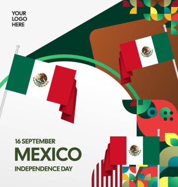 Modern geometrik ve bayrak ile Meksika Bağımsızlık Gününüz kutlu olsun. Ulusal bayram, tebrik kartı, afiş, poster ve sosyal medya paylaşımı için mükemmel..