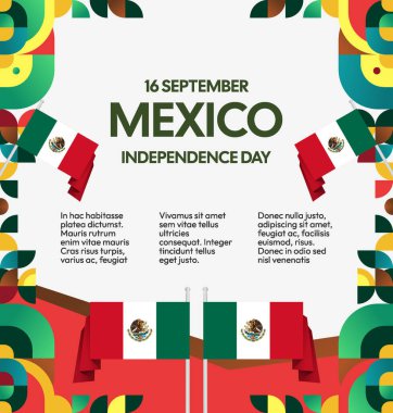 Modern geometrik ve bayrak ile Meksika Bağımsızlık Gününüz kutlu olsun. Ulusal bayram, tebrik kartı, afiş, poster ve sosyal medya paylaşımı için mükemmel..