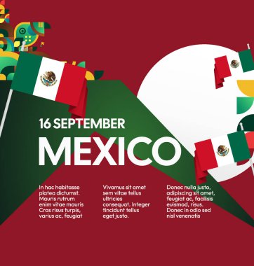 Modern geometrik ve bayrak ile Meksika Bağımsızlık Gününüz kutlu olsun. Ulusal bayram, tebrik kartı, afiş, poster ve sosyal medya paylaşımı için mükemmel..