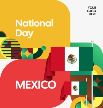 Modern geometrik ve bayrak ile Meksika Bağımsızlık Gününüz kutlu olsun. Ulusal bayram, tebrik kartı, afiş, poster ve sosyal medya paylaşımı için mükemmel..