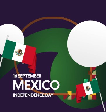 Modern geometrik ve bayrak ile Meksika Bağımsızlık Gününüz kutlu olsun. Ulusal bayram, tebrik kartı, afiş, poster ve sosyal medya paylaşımı için mükemmel..