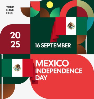 Modern geometrik ve bayrak ile Meksika Bağımsızlık Gününüz kutlu olsun. Ulusal bayram, tebrik kartı, afiş, poster ve sosyal medya paylaşımı için mükemmel..