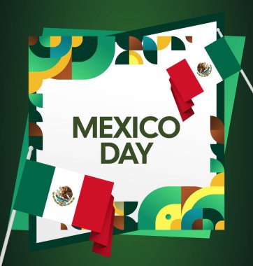 Modern geometrik ve bayrak ile Meksika Bağımsızlık Gününüz kutlu olsun. Ulusal bayram, tebrik kartı, afiş, poster ve sosyal medya paylaşımı için mükemmel..