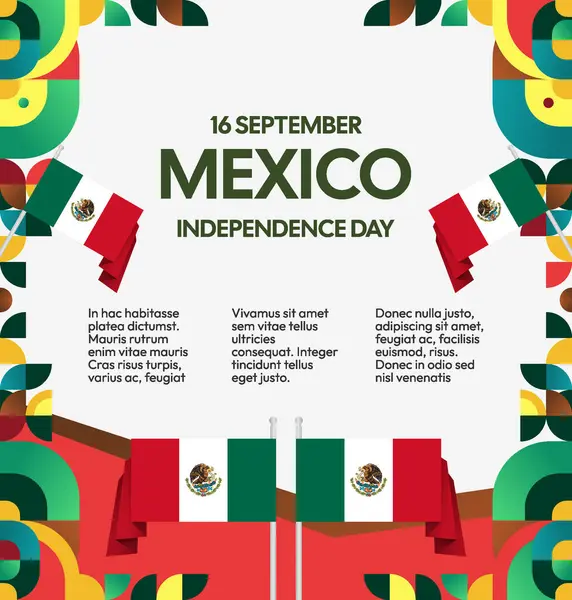 Modern geometrik ve bayrak ile Meksika Bağımsızlık Gününüz kutlu olsun. Ulusal bayram, tebrik kartı, afiş, poster ve sosyal medya paylaşımı için mükemmel..