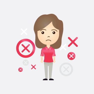 İzole edilmiş arka planda x veya yanlış sembolü olan beyaz tatlı bir kız.