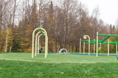 Anchorage, Alaska 'da mahalle parkına tırmanan salıncaklar, ip halatları, slaytlar, yapılar dahil olmak üzere çeşitli oyun alanı ekipmanları. Renkli sonbahar yeşillikleriyle toplumsal eğlence yeri